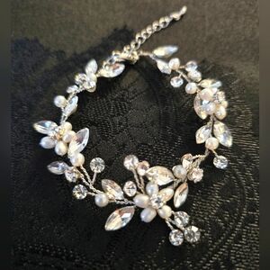 Elegant Silver, Crystal, and Pearl Vine Bracelet